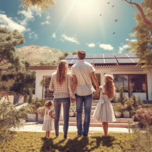 familia mirando hacia fachada de casa con placas solares, Rentabilidad de las Instalaciones Solares